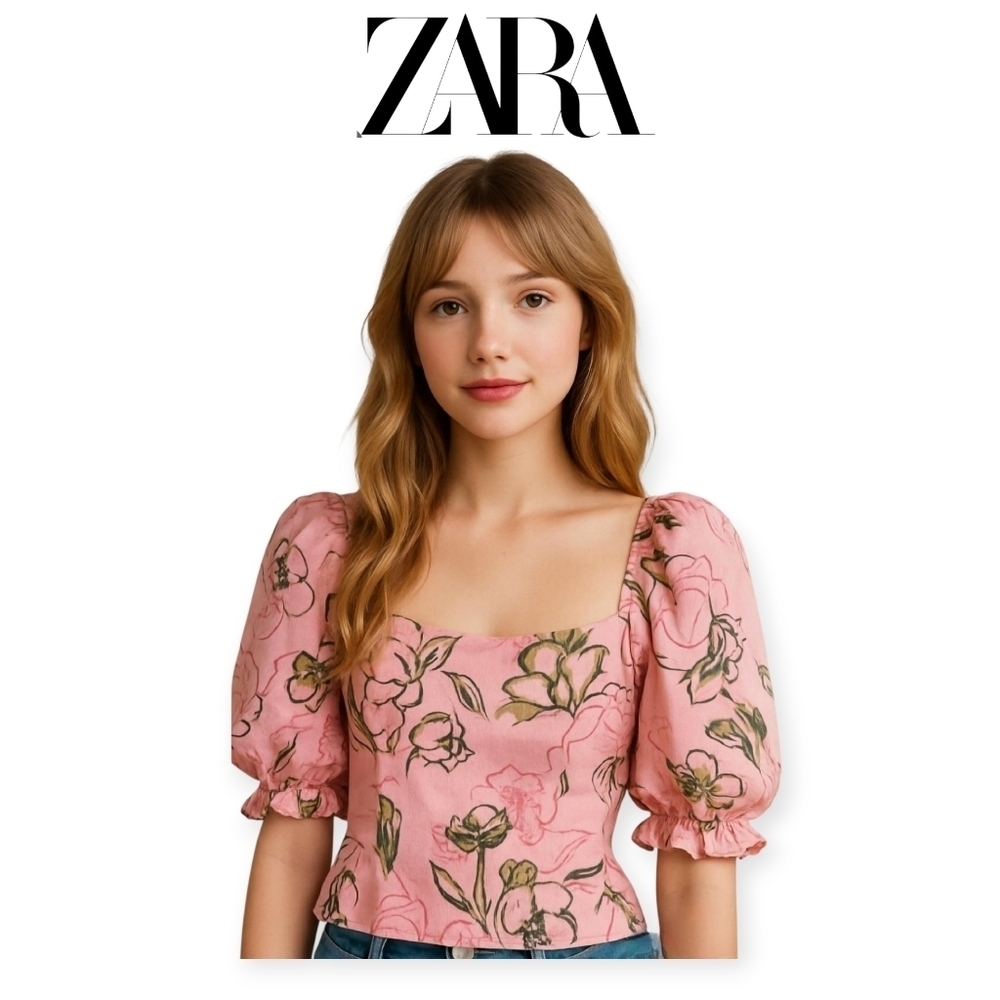 Zara Pink Floral Linen Blend Puff Sleeve Square Neck Prairie Milkmaid Top XS